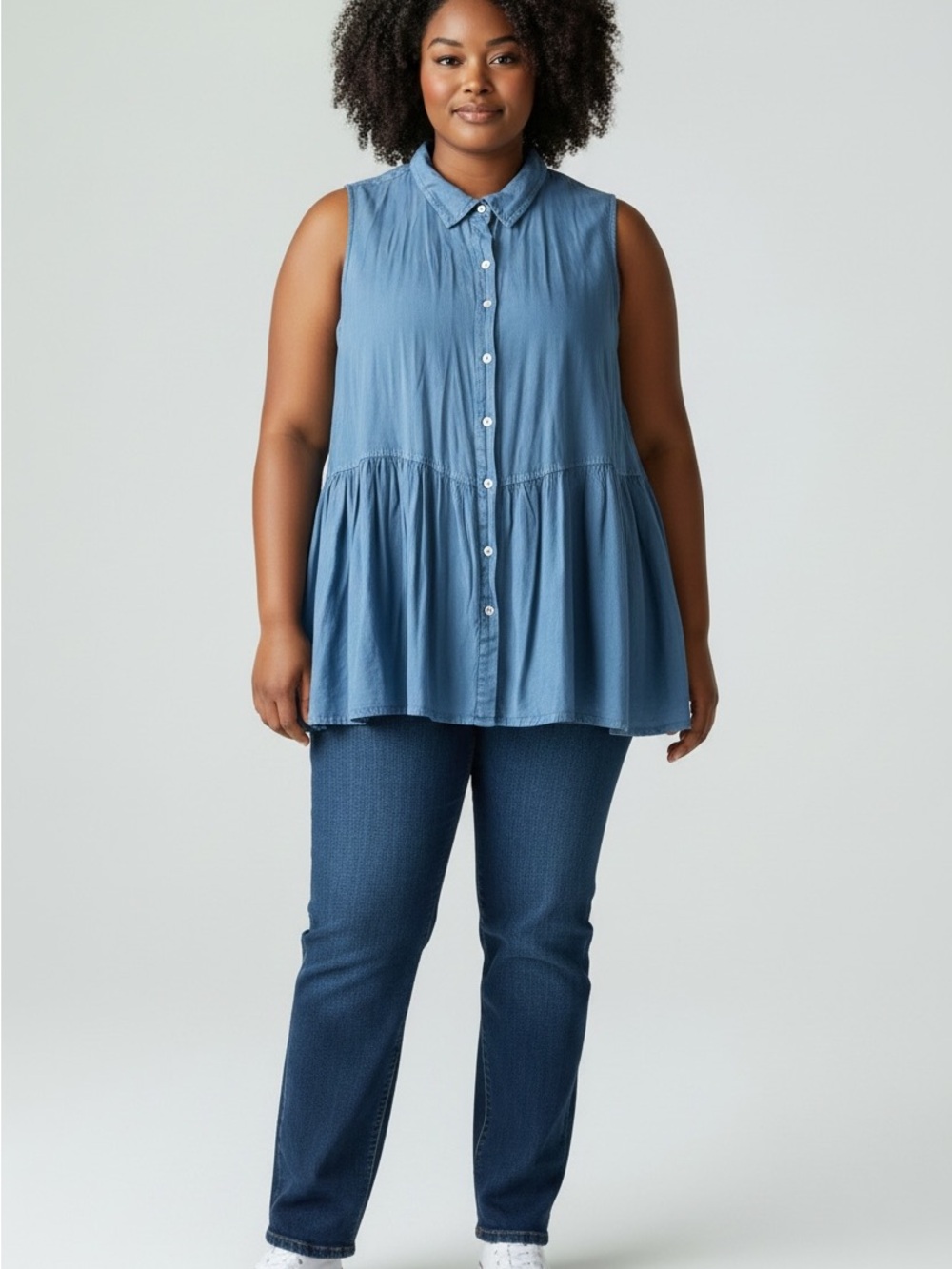 Red Camel Sleeveless Button-Front Peplum Shirt - Blue
